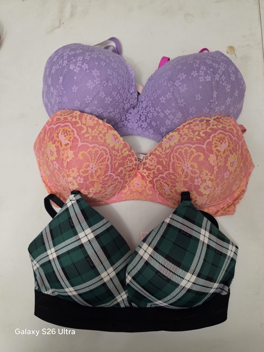 PINK Victoria's Secret Lavender Lace, Coral Lace & Green Plaid Bras (3-Pack)